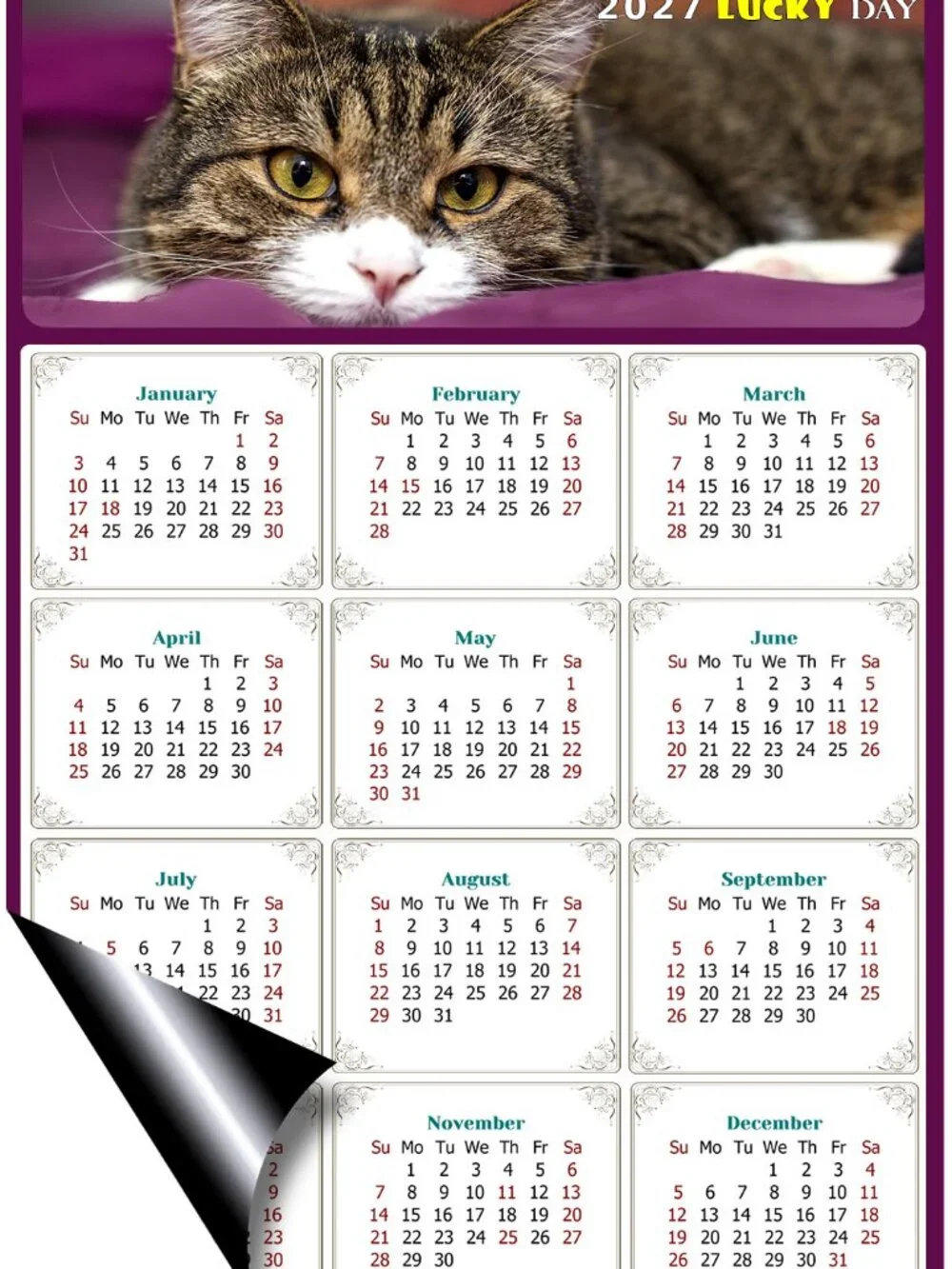 2027 Magnetic Calendar - Today is my Lucky Day - Cat Themed 022 (7 x 10.5)